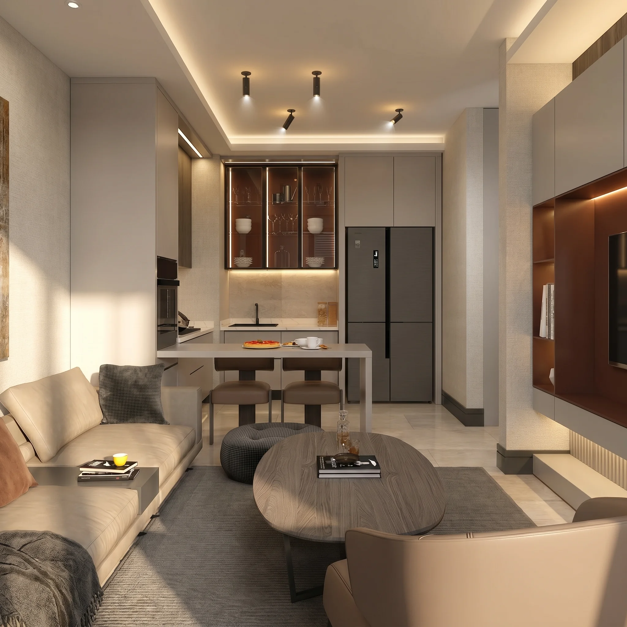 Bulut Nova 1+1 konut iç mekânında yemek masası, açık plan salon, geniş pencere, tül perde, jaluzi sistemi ve modern aydınlatmalarla kurgulanan ferah yaşam alanı, NDO Mimarlık