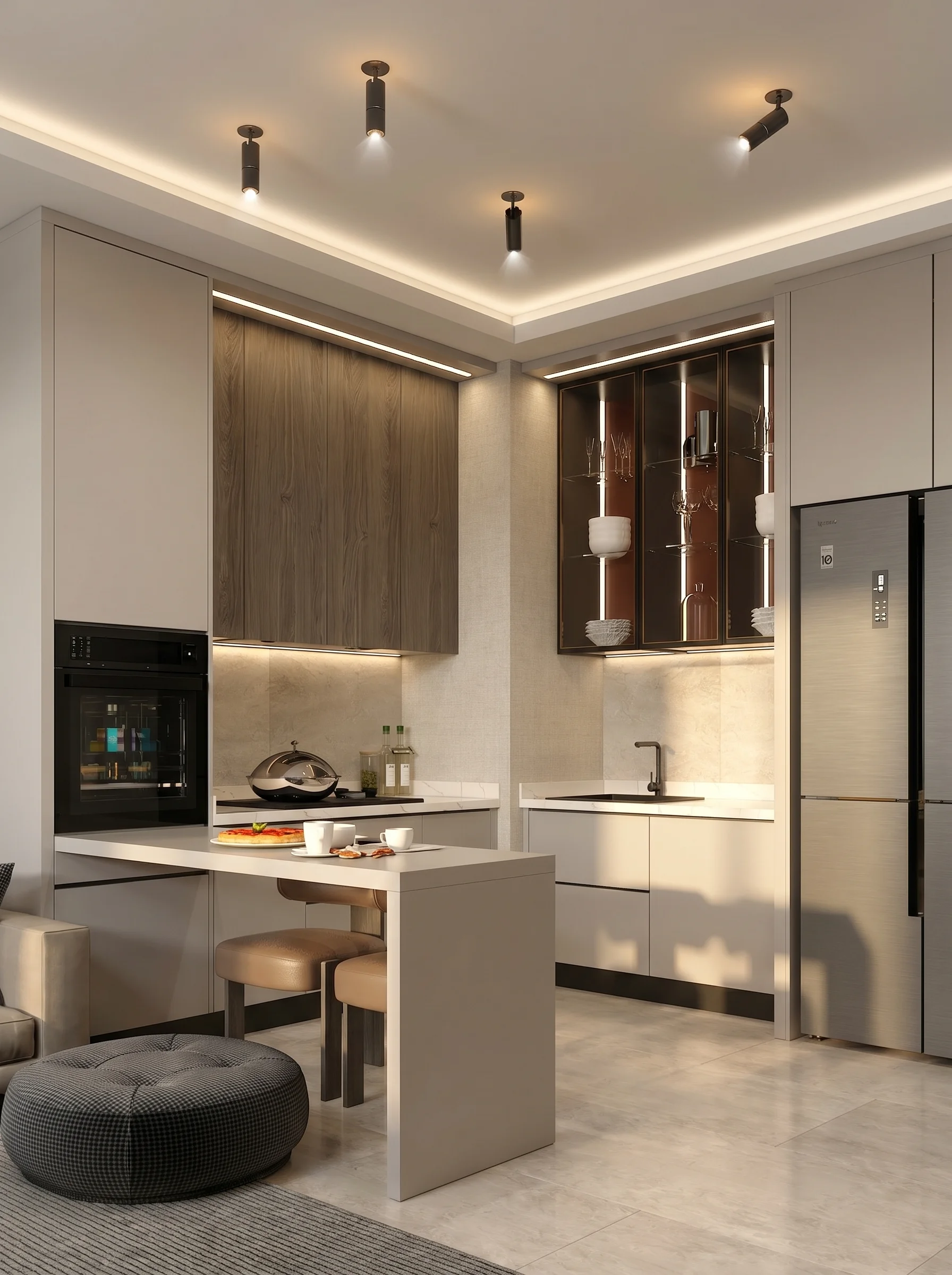Bulut Nova salonunda açık renk kanepe, yuvarlak sehpa, TV ünitesi, kompakt yemek bölümü, buzdolabı ve mutfak alanıyla bütünleşen modern açık plan konut tasarımı, NDO Mimarlık