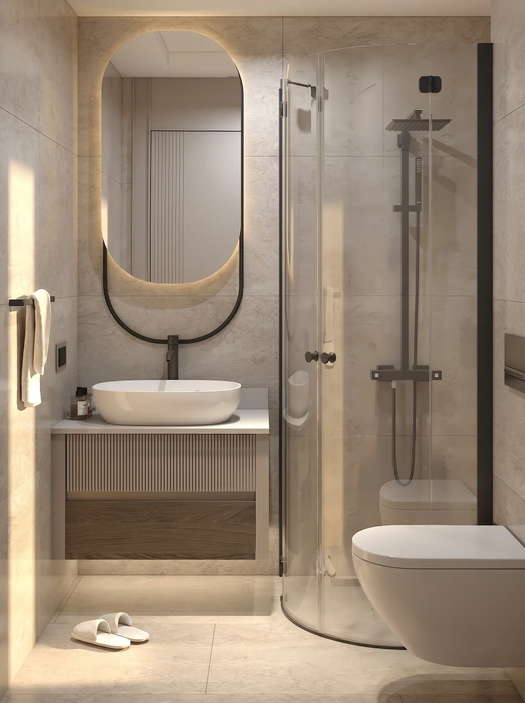 Bulut Nova banyosunda oval aydınlatmalı ayna, tezgâh üstü lavabo, yivli ahşap banyo dolabı, cam duş kabini ve açık taş görünümlü seramiklerle tasarlanan modern ıslak hacim, NDO Mimarlık