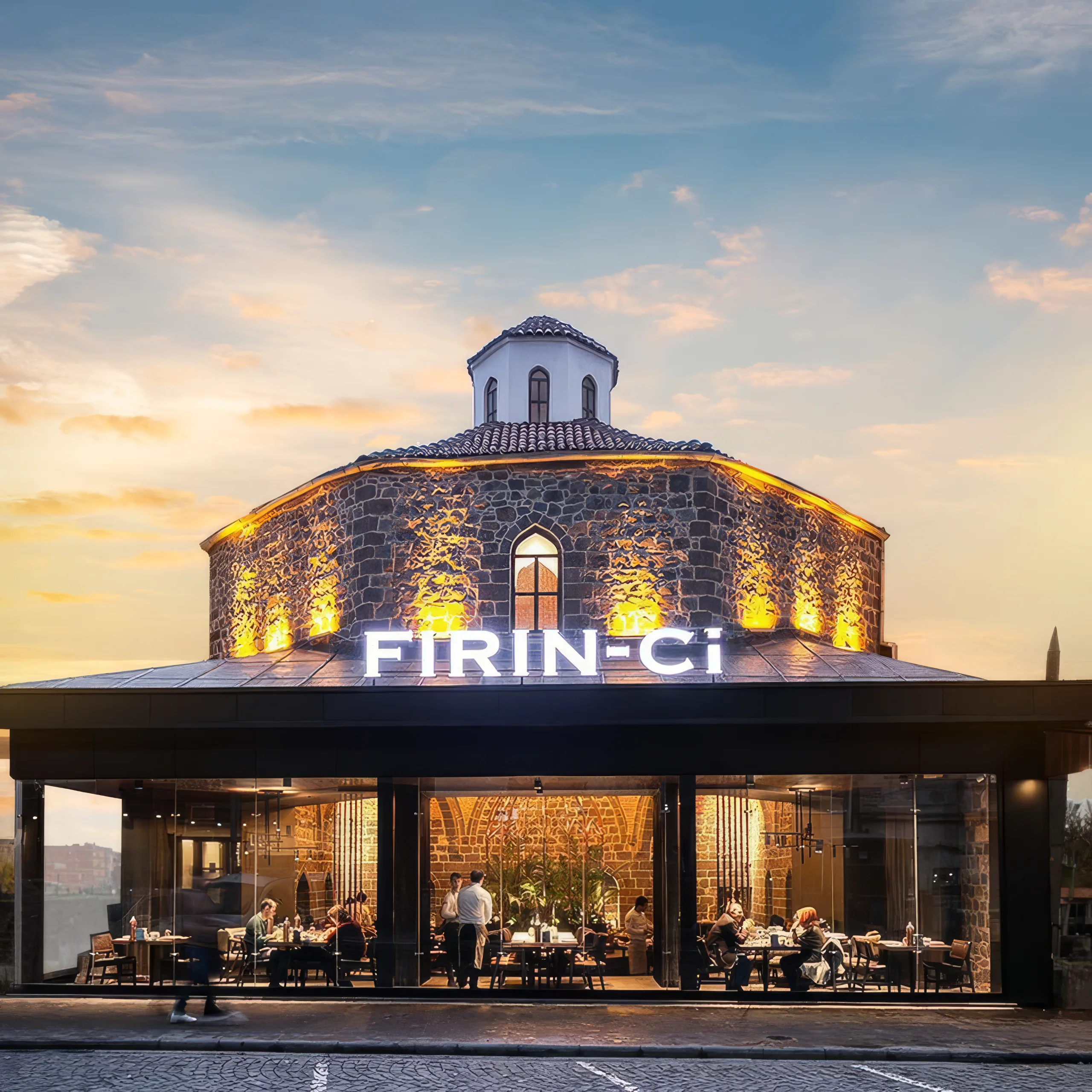 Fırın-ci Sur Diyarbakır dış cephesinde Tarihi Vahap Ağa Hamamı taş dokusu, cam cephe ve restoran tabela tasarımı.