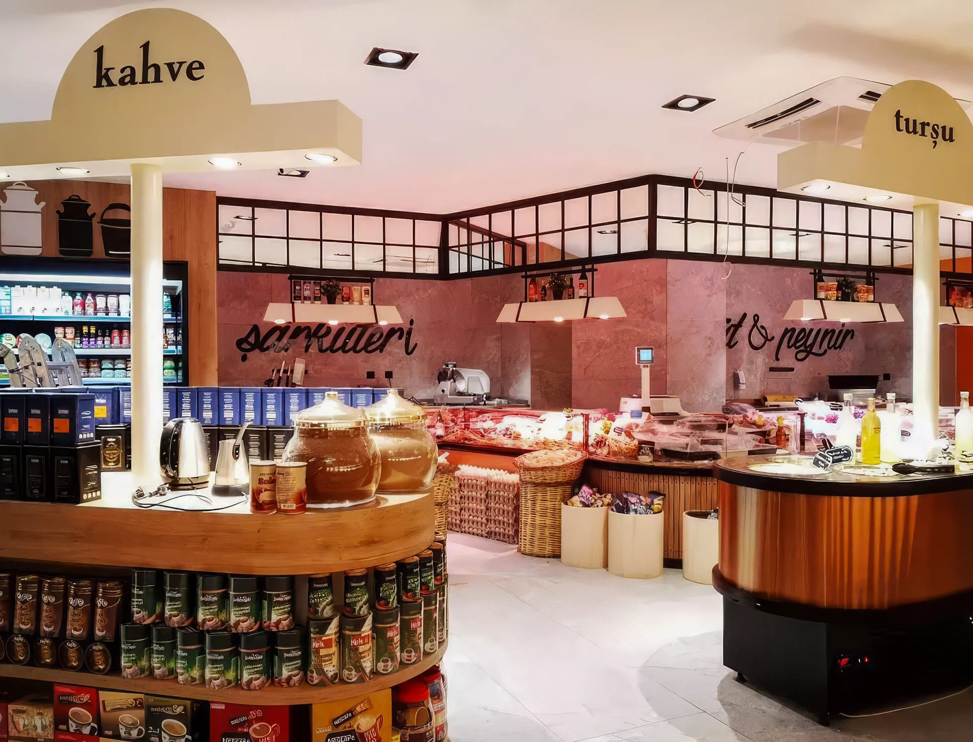 Turuncu Gurme Kuruyemiş mağazasında kuruyemiş, kahve, turşu, et, peynir ve paketli ürün reyonlarını bütüncül dolaşım kurgusuyla birleştiren modern gurme market tasarımı, NDO Mimarlık iç mimari projesi